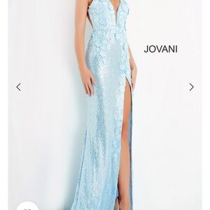 Jovani Light Blue Sequin Floral Appliqué Evening Gown